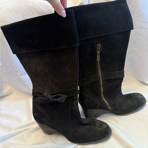 Bed Stu Black Suede Mid-Calf Heeled Boots with Side Zip and Bow